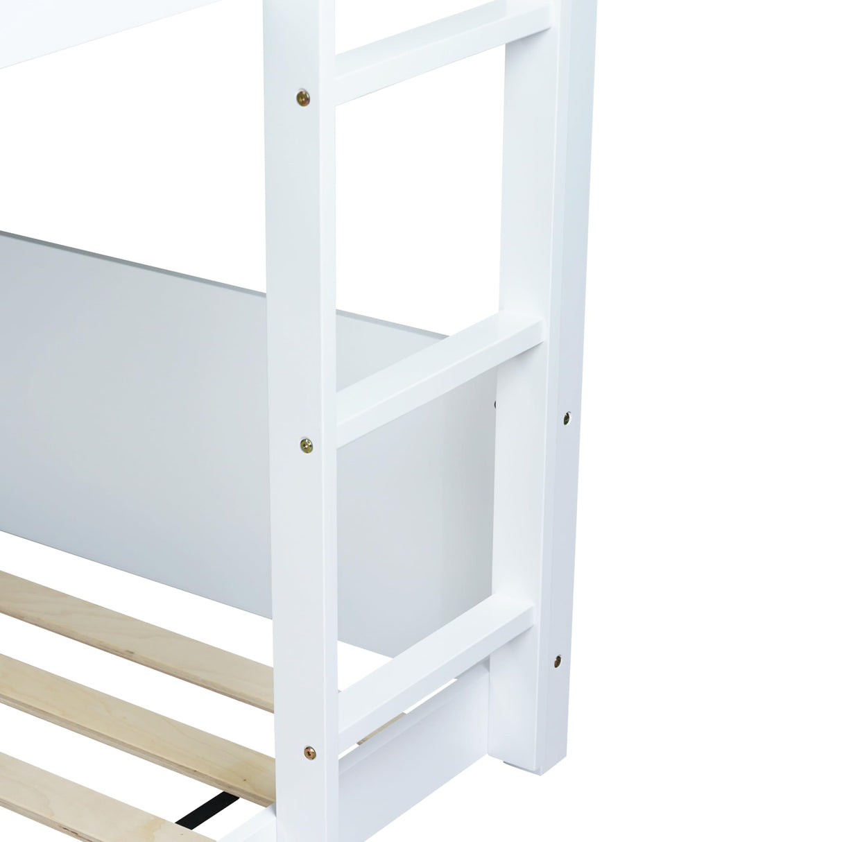 Twin Over Twin Bunk Bed, Wooden House Bunk Bed with Ladder and Guardrail for Bedroom, Dormitory, Floor Bunk Beds with Headboard and Footboard for Kids, Teens, No Box Spring Needed, White Bellemave