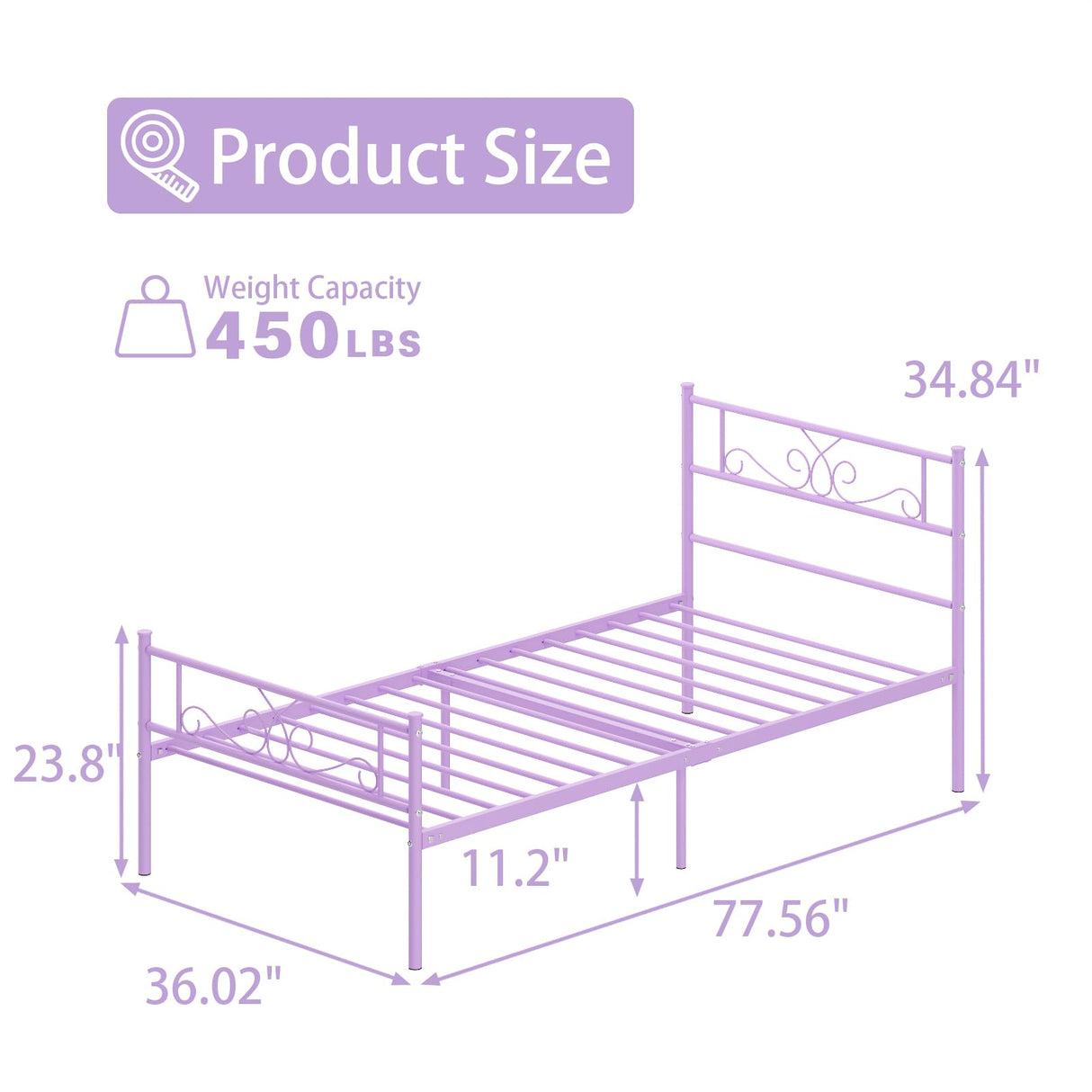 Weehom Twin Size Bed Frame with Headboard and Footboard Steel Slats Support Twin Metal Bed No Box Spring Needed Easy to Assembly, Purple Weehom