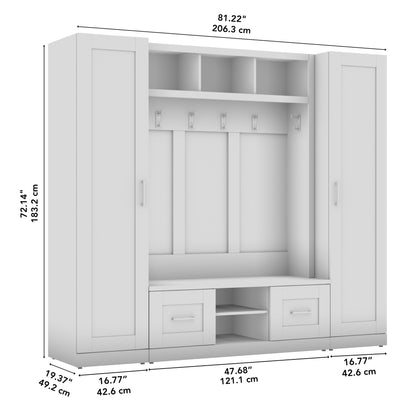 Bush Furniture Hampton Heights Full Entryway Storage Set with Hall Tree, Shoe Bench with Doors and Narrow Cabinets in White | Foyer, Mudroom Organizer - WoodArtSupply