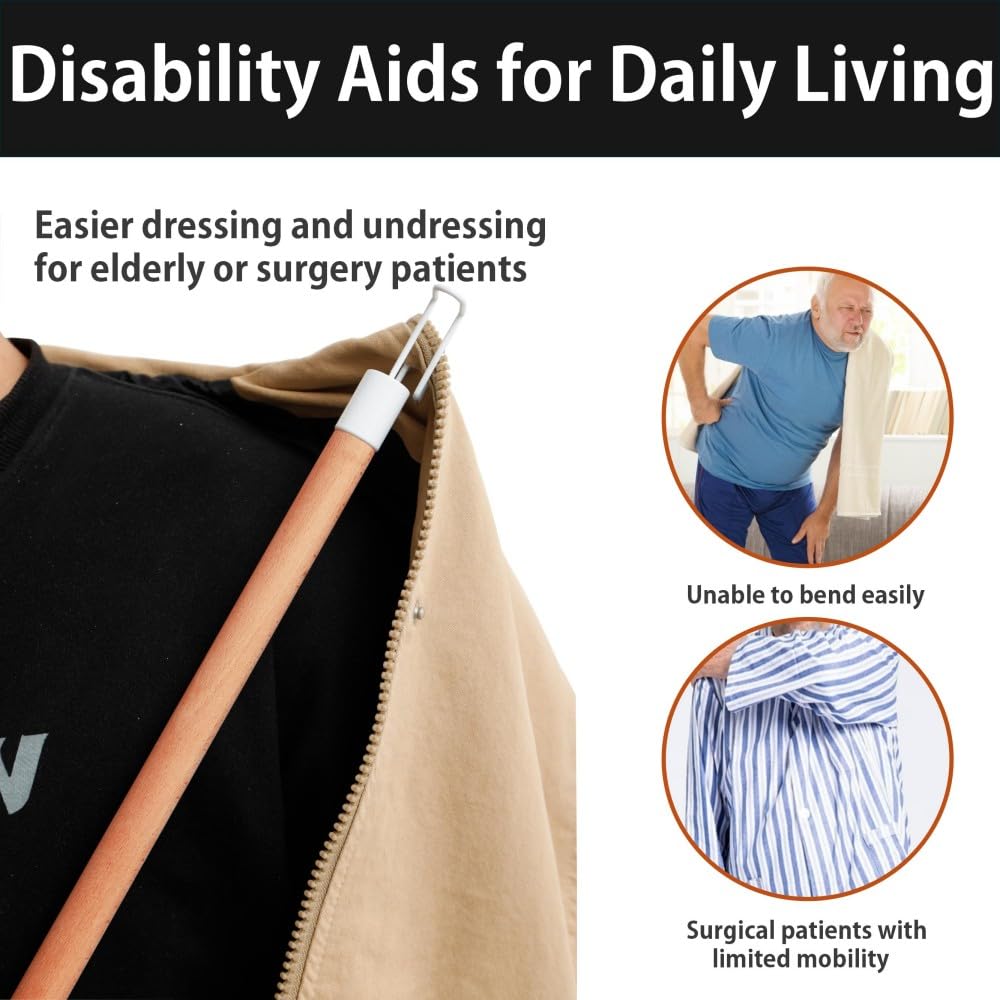 28" Dressing Stick for Elderly, One Piece Real Beech Wood Dressing Long Stick & Shoe Stick, Disability Aids for Daily Living for Pants, Shoes, Socks and Shirts, 1PK King Mills