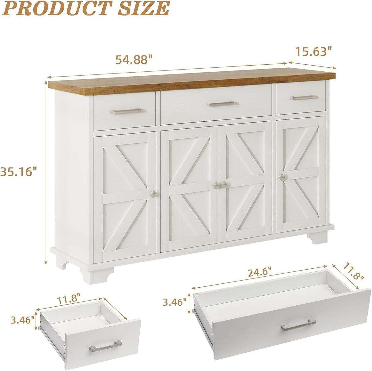 REVOMINCA 55 Inch Buffet Cabinet with 3 Drawers and 4 Barn Doors, Sideboard Coffee Bar for Kitchen, Farmhouse Coffee Bar with Storage, White REVOMINCA