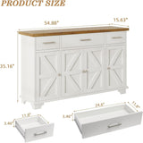 REVOMINCA 55 Inch Buffet Cabinet with 3 Drawers and 4 Barn Doors, Sideboard Coffee Bar for Kitchen, Farmhouse Coffee Bar with Storage, White REVOMINCA
