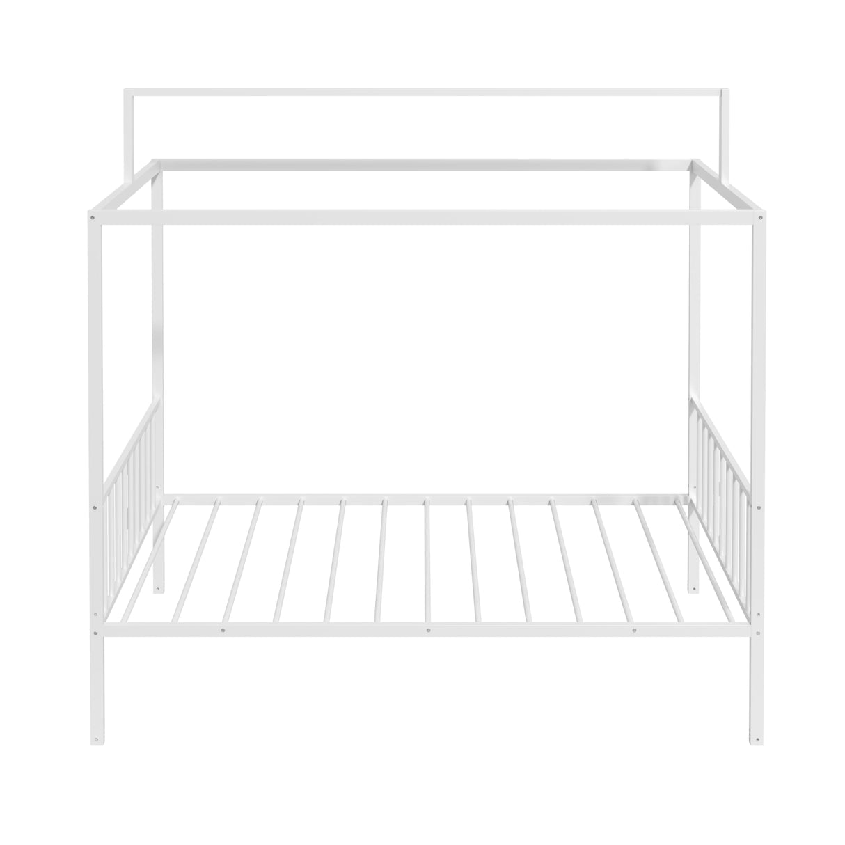 SOFTSEA 3-in-1 Convertible Twin Montessori Floor Bed, Twin Size Metal Canopy Bed with Metal Slats Support for Kids Teens, Adjustable Slats & Fence Guardrails, White SOFTSEA