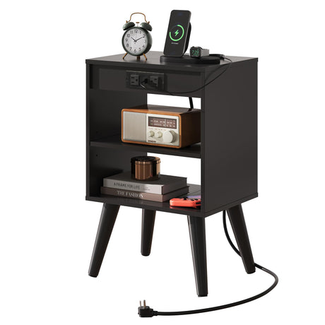 WLIVE Black Nightstand, Night Stand with Charger Station, Bedside Table, Side Table with Storage Shelf, End Table with USB Ports and Outlets for Bedroom, 15.12" D x 11.73" W x 23.74" H WLIVE