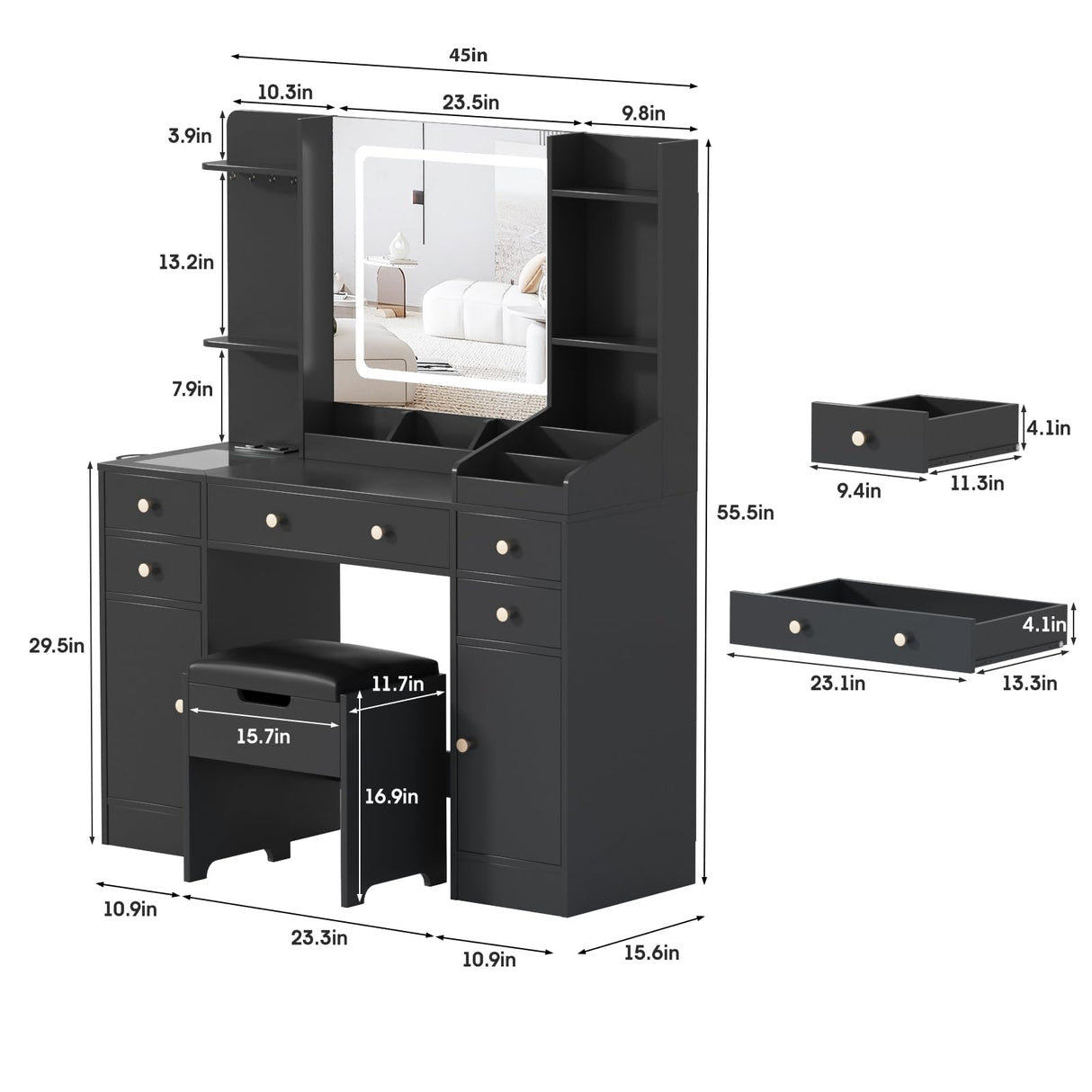 Fameill Black Makeup Vanity with 10 Lights & Power Outlets, Big Vanity with 3 Storage Compartments, Vintage Vanity Set with Large Drawers and Storage Cabinet, 45in Fameill