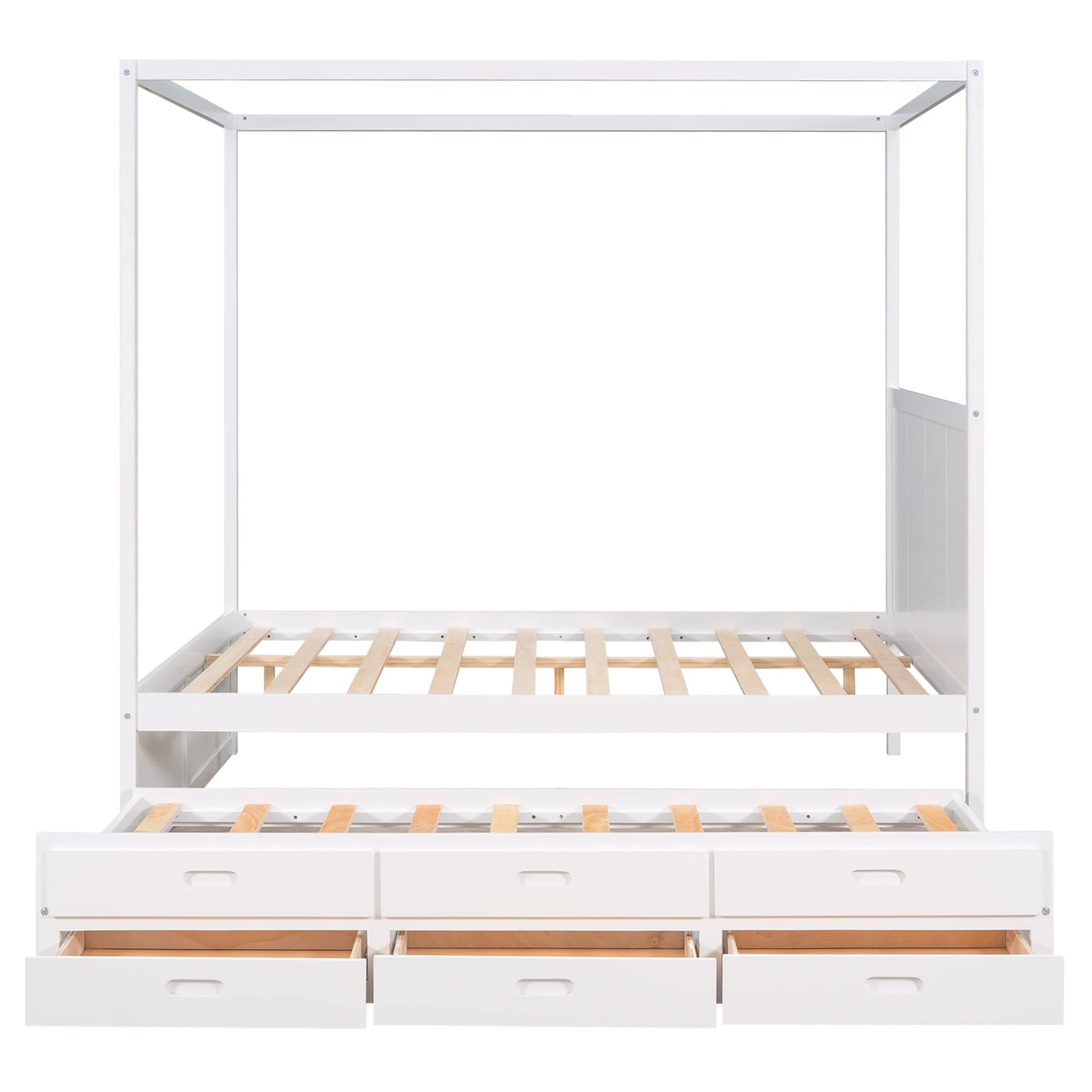 LZ LEISURE ZONE Queen Canopy Platform Bed with Trundle and Storage Drawers in White - WoodArtSupply