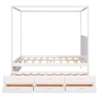 BOVZA Queen Size Canopy Bed with Trundle and 3 Storage Drawers, Wood Canopy Platform Bed Frame with Headboard for Kids/Teens, No Box Spring Needed, White