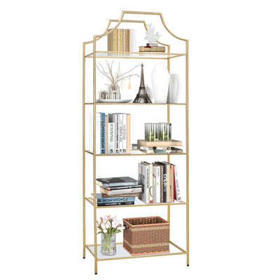 GIFTTROVE 5 Tier Bookshelf, Metal Book Shelf for Storage, Tall Storage Display Bookcase, Modern Open Book Case for Bedroom, Living Room, Glass Office Organization Shelf, 66.3" X 26" X 13"