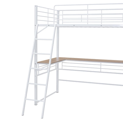 Metal Twin Size Loft Bed with L-Shaped Desk,Heavy Duty Loft Bed with 3 Tier Shelves for Kids Teens Adults,Loft Bed Twin Size with Storage, High Loft Bed Frame, Space Saving,White