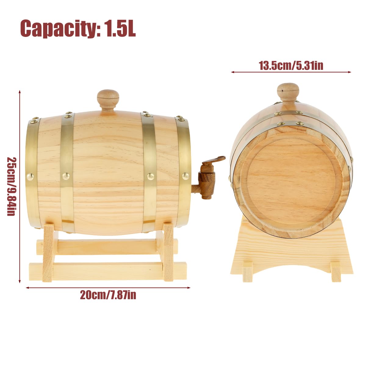 Mimoyalaso Wooden Wine Barrel - 1.5L Whiskey Barrel with Tap Pine Wood Beer Barrel Mini Whiskey Barrels for Home Alcohol Distiller Wine Storage Barrel for Wine Beer Brandy Whiskey Tequila Mimoyalaso