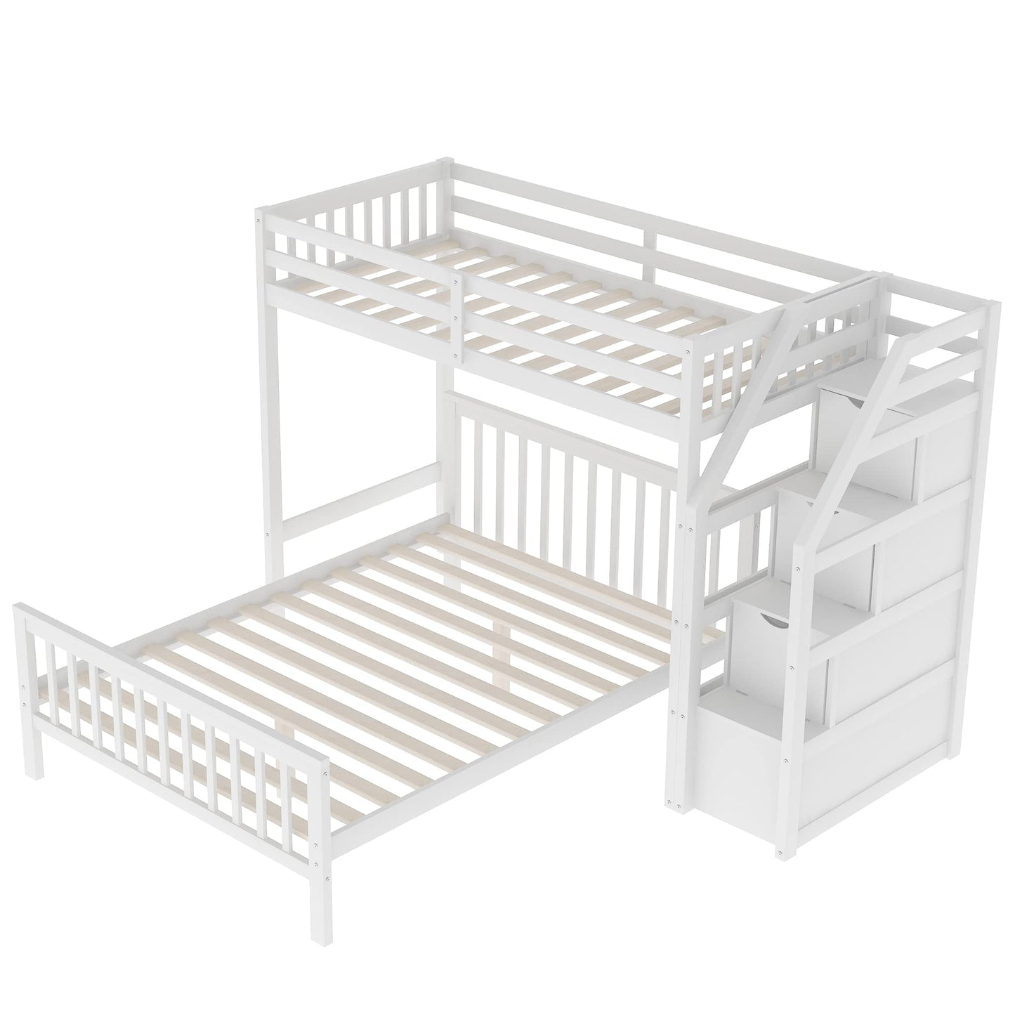 DRELOFT Twin Over Full Wooden Bunk Bed and Loft Bed with Storage Stairs in White - WoodArtSupply