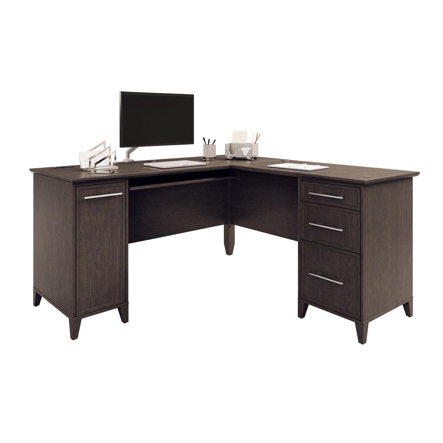 Realspace® Koru 60" W L-Shaped Corner Computer Desk with Integrated Power & Charging, Espresso Oak - WoodArtSupply