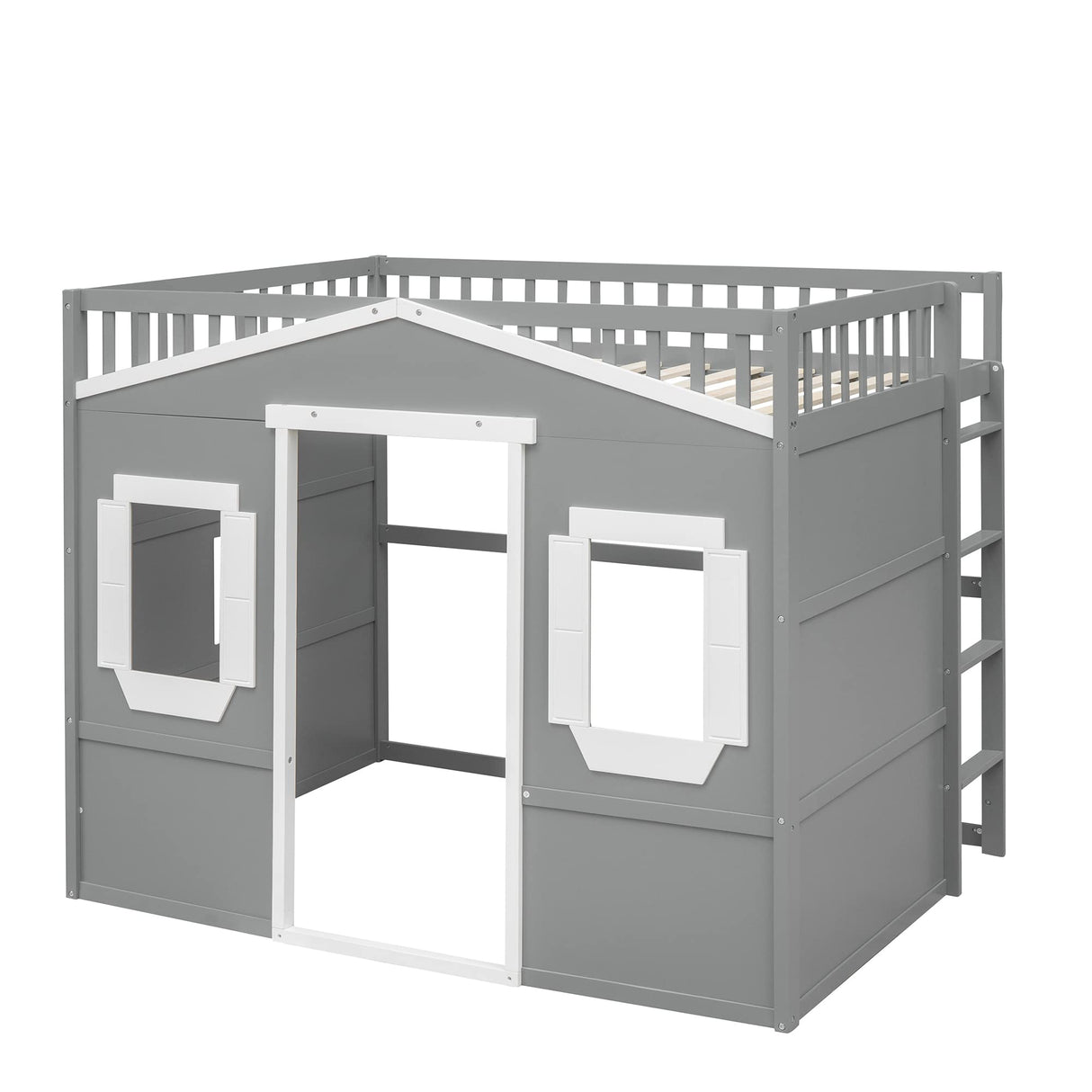 VilroCaz Stylish Gray and White Full Size Loft Bed with Safety Guardrail and Playhouse Design VilroCaz