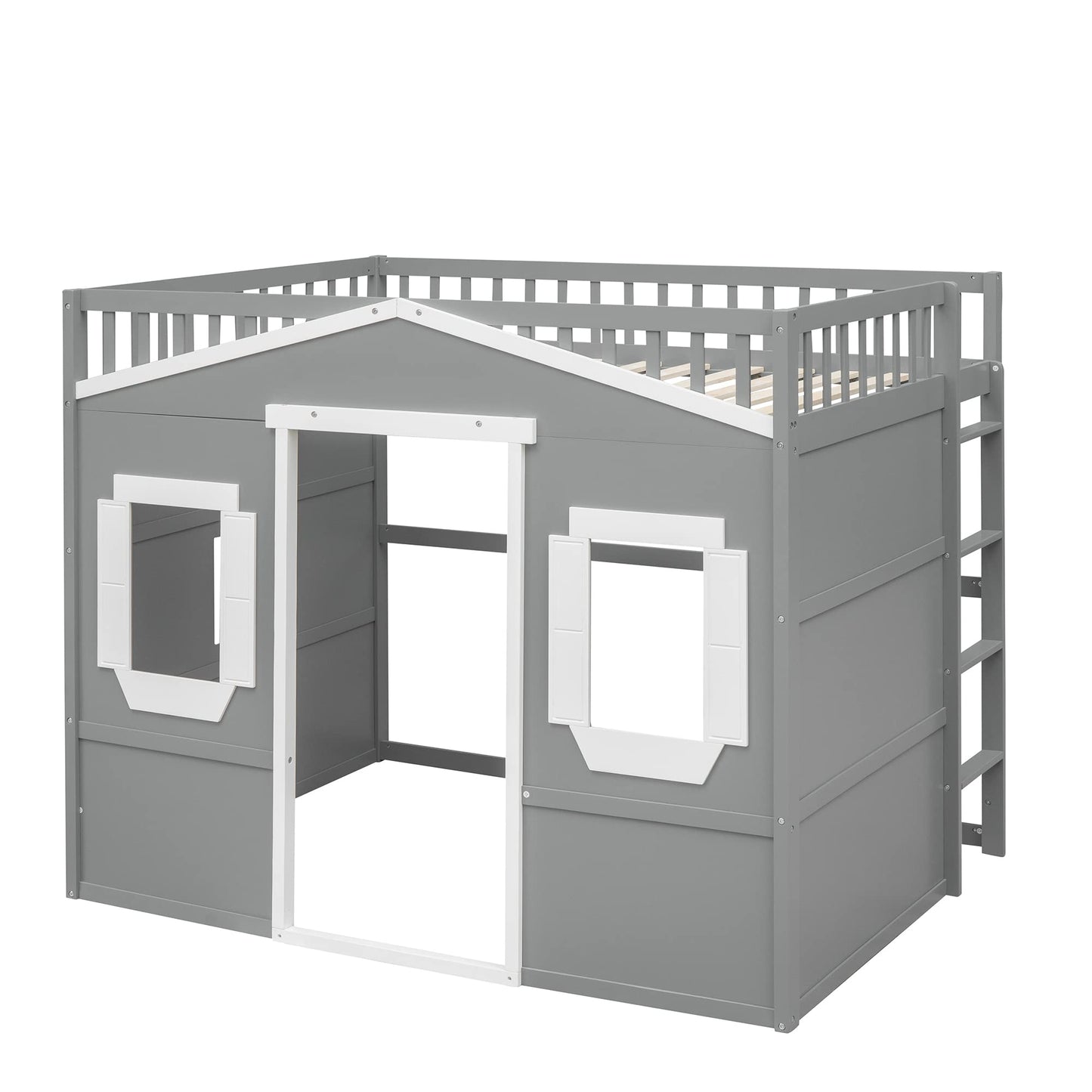 VilroCaz Stylish Gray and White Full Size Loft Bed with Safety Guardrail and Playhouse Design - WoodArtSupply