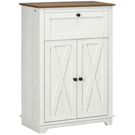 HOMCOM Farmhouse Barn Door Accent Cabinet, Kitchen Sideboard Storage Cabinet with Double Doors, Drawer, and Adjustable Shelf for Bedroom, Living Room, White HOMCOM
