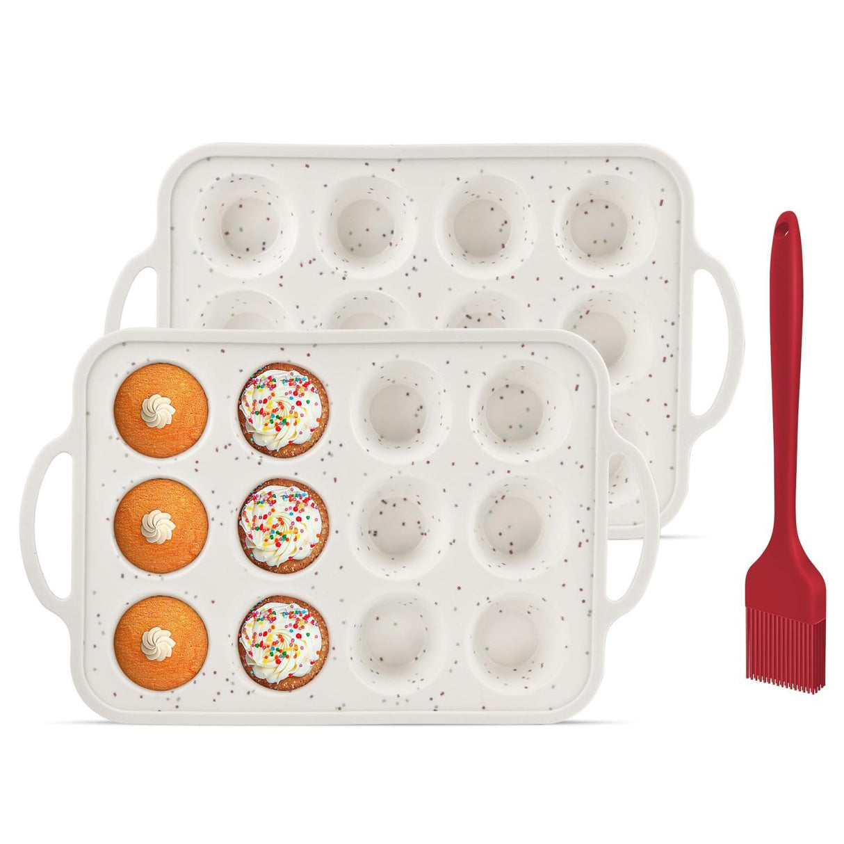 2Pack Silicone Muffin Pan For Baking With Metal Reinforced Frame, 12 Cup Nonstick Cupcake Pan, BPA Free Silicone Mini Muffin Pan, Cupcake Baking Pan Molds for Oven With Silicone Brush（Small Size） POSOSTO