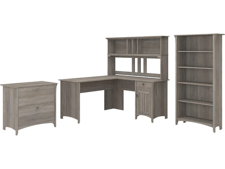 Bush Business Furniture Salinas 60W L-Shaped Desk Set with Hutch, File Cabinet & Bookcase in Driftwood Gray Bush Business Furniture