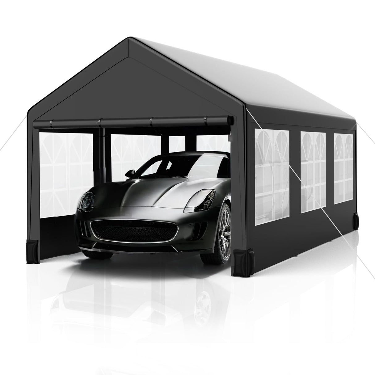 Towallmark Carport, Heavy Duty 12FT X 20FT Carport Canopy, with 4 Load-Bearing Sandbags, Roll Up Mesh Window, Pe Waterproof Canopy, Reinforced Steel Pipes 1.3mm Tube Wall Thickness for Cars, Truck Towallmark