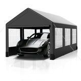 Towallmark Carport, Heavy Duty 12FT X 20FT Carport Canopy, with 4 Load-Bearing Sandbags, Roll Up Mesh Window, Pe Waterproof Canopy, Reinforced Steel Pipes 1.3mm Tube Wall Thickness for Cars, Truck Towallmark