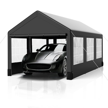Towallmark Carport, Heavy Duty 12FT X 20FT Carport Canopy, with 4 Load-Bearing Sandbags, Roll Up Mesh Window, Pe Waterproof Canopy, Reinforced Steel Pipes 1.3mm Tube Wall Thickness for Cars, Truck Towallmark