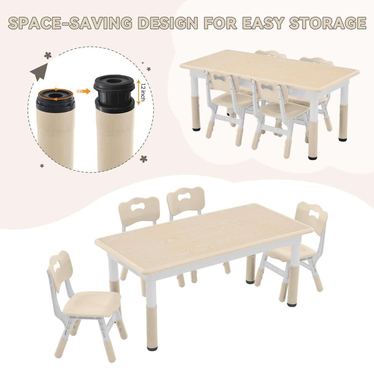 GITAWUSA Kids Study Table and Chairs Set, Height Adjustable Toddler Table and Chair Set for Kids Ages 3-8, Graffiti Desktop (Burlywood - 2) GITAWUSA