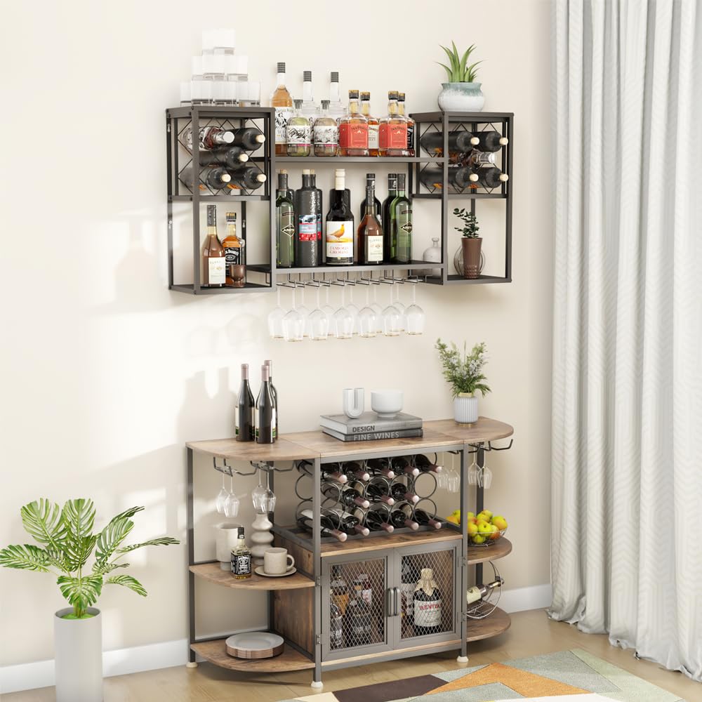 KaKaBB Metal Wall Mounted Wine Rack 2 Tier, Bar Shelves for Liquor Bottles with Glass Holder Storage, Floating Liquor Wall Shelf for Home Bar Kitchen Dining Room (Black) KaKaBB