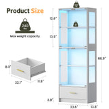Lamtor Display Cabinet with Glass Doors - 67" Curio Cabinet with RGB LED Lights and Drawer for Collectibles, 4 Tier Glass Display Case for Living Room, Office, White (Narrow) Lamtor