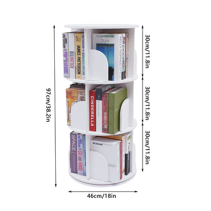 3 Tier 360 Degree Rotating Display Bookcase, Wooden Rotating Stackable Bookcase, Kids and Adult Storage Bookcase, Storage Display Shelf for Home Office, White