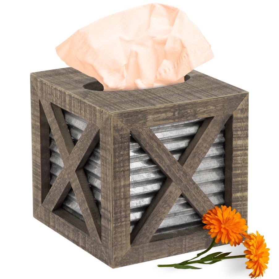 Autumn Alley Barn Door Rustic Square Farmhouse Tissue Box Cover, Farmhouse Bathroom Accessories, Rustic Bathroom Décor Tissue Holder, Wood Tissue Box Cover with Galvanized Decor Autumn Alley