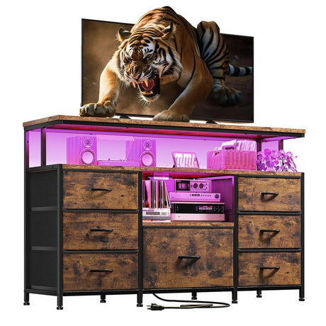 EnHomee Dresser TV Stand for Bedroom for 55" TV with LED Lights & power outlets Entertainment Center with 7 Fabric Drawer & Wood Open Shelves, Fabric Dresser for Bedroom TV Stand (Rustic Brown) EnHomee