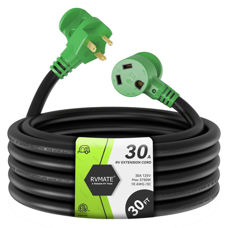 RVMATE 30 Amp 30 Feet RV Power Extension Cord with Easy Plug-in Handle, TT-30P to TT-30R, LED Indicator, 10 AWG, ETL Listed RVMATE