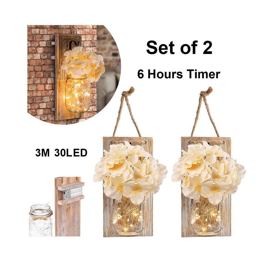 Rustic Mason Jar Wall Decor Sconces with LED Fairy Lights -Battery Cordless Wall Sconces, Farmhouse Wall Decor with Silk Flowers, Perfect for Bedroom, Kitchen, Bathroom, and Home Decor (Set of 2) Muasdae
