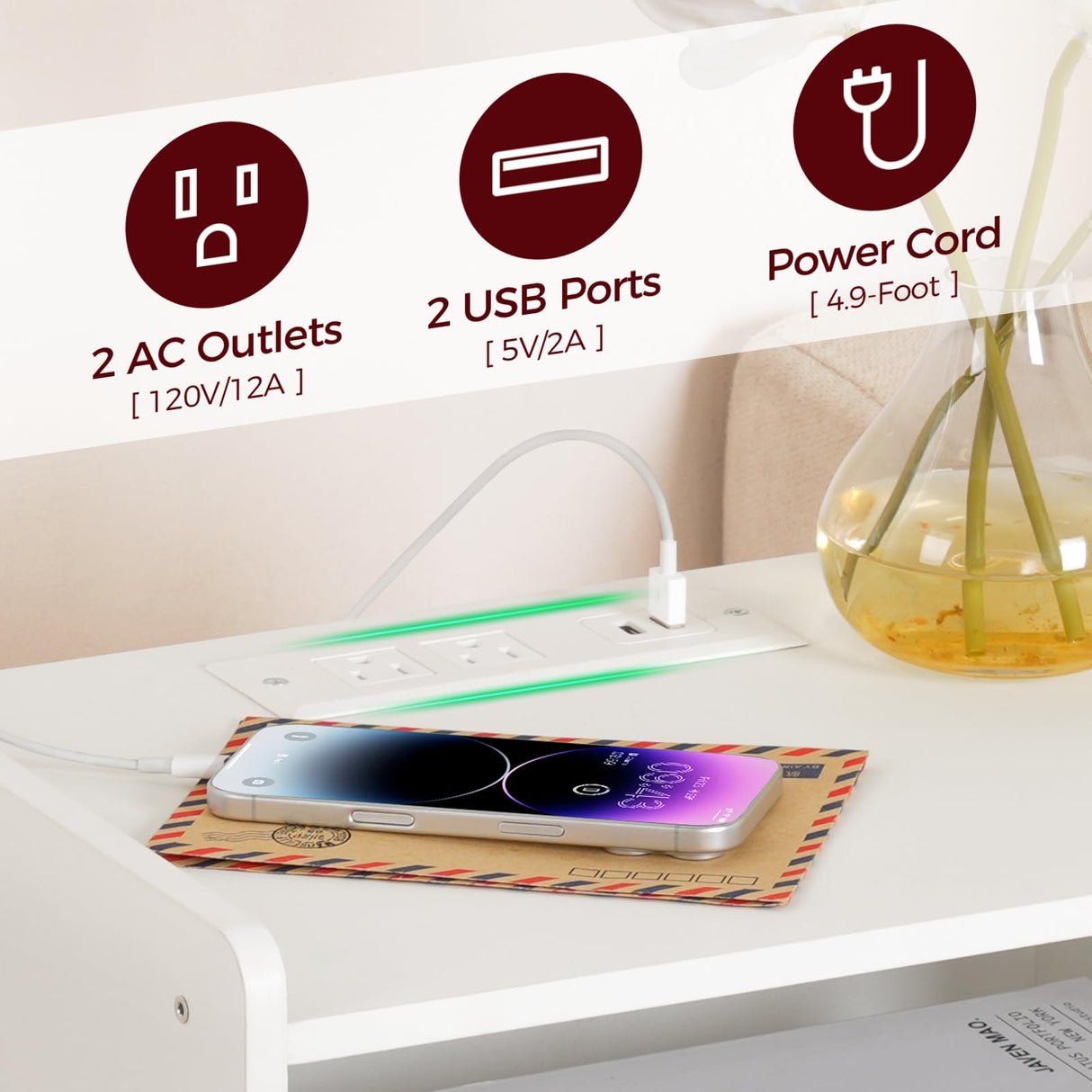 MAHANCRIS End Table Living Room Fluted Night Stand, 15.9" Modern Side Table with Charging Station，Bedside Table with Drawer for Small Spaces, Bedroom, White ETWT61E01 MAHANCRIS