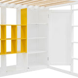 Merax Full Size Wood Loft Bed with Wardrobe & Shelves & Cabinet, Space-Saving Multi-Storage Bed Frame with Staircase, Bear 600lbs, White+Yellow Merax