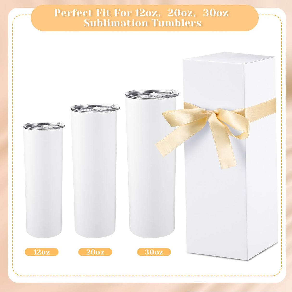 Qilery 12 Sets Gift Boxes with Ribbon for Sublimation Tumbler Gift Boxes for 12oz, 20oz, 30oz Glass Exhibition Boxes Tumbler Boxes for Shipping Cup Boxes Gift Packaging Box for Tumbler Cup (White) Qilery