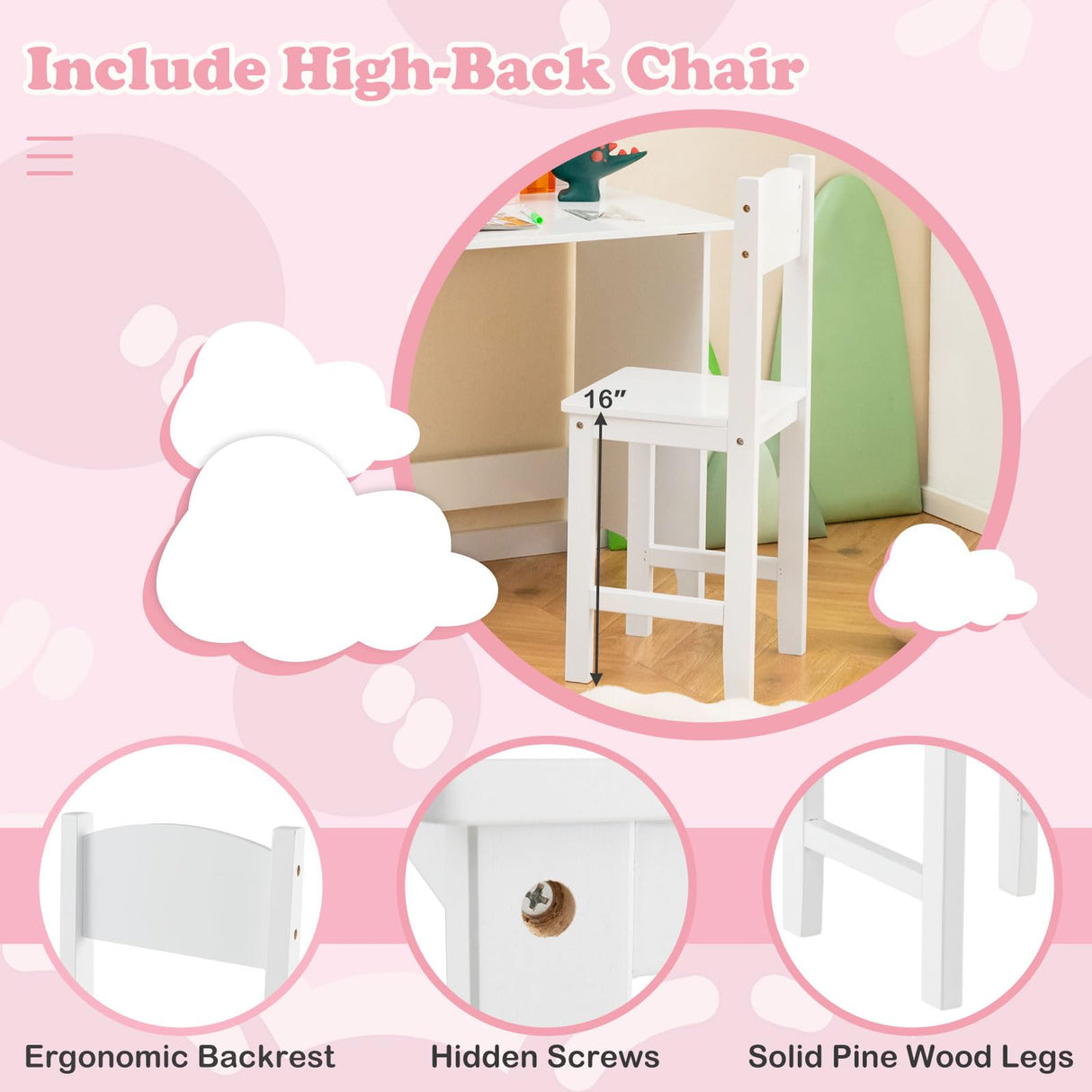HONEY JOY Kids Desk and Chair Set, Wooden Children School Study Table and Chair w/Whiteboard, Hutch, Storage Shelves, Student Writing Desk Computer Workstation for Bedroom, 3+ Years Old (White) HONEY JOY