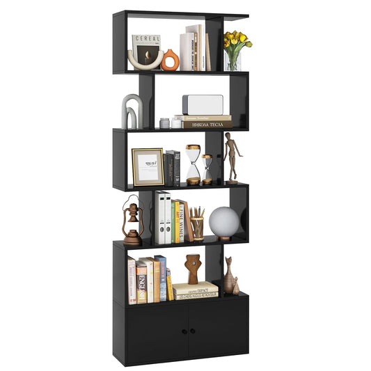 Tangkula Geometric S-Shaped Bookshelf with Cabinet - 6-Tier Freestanding Bookcase in Black for Home & Office - WoodArtSupply