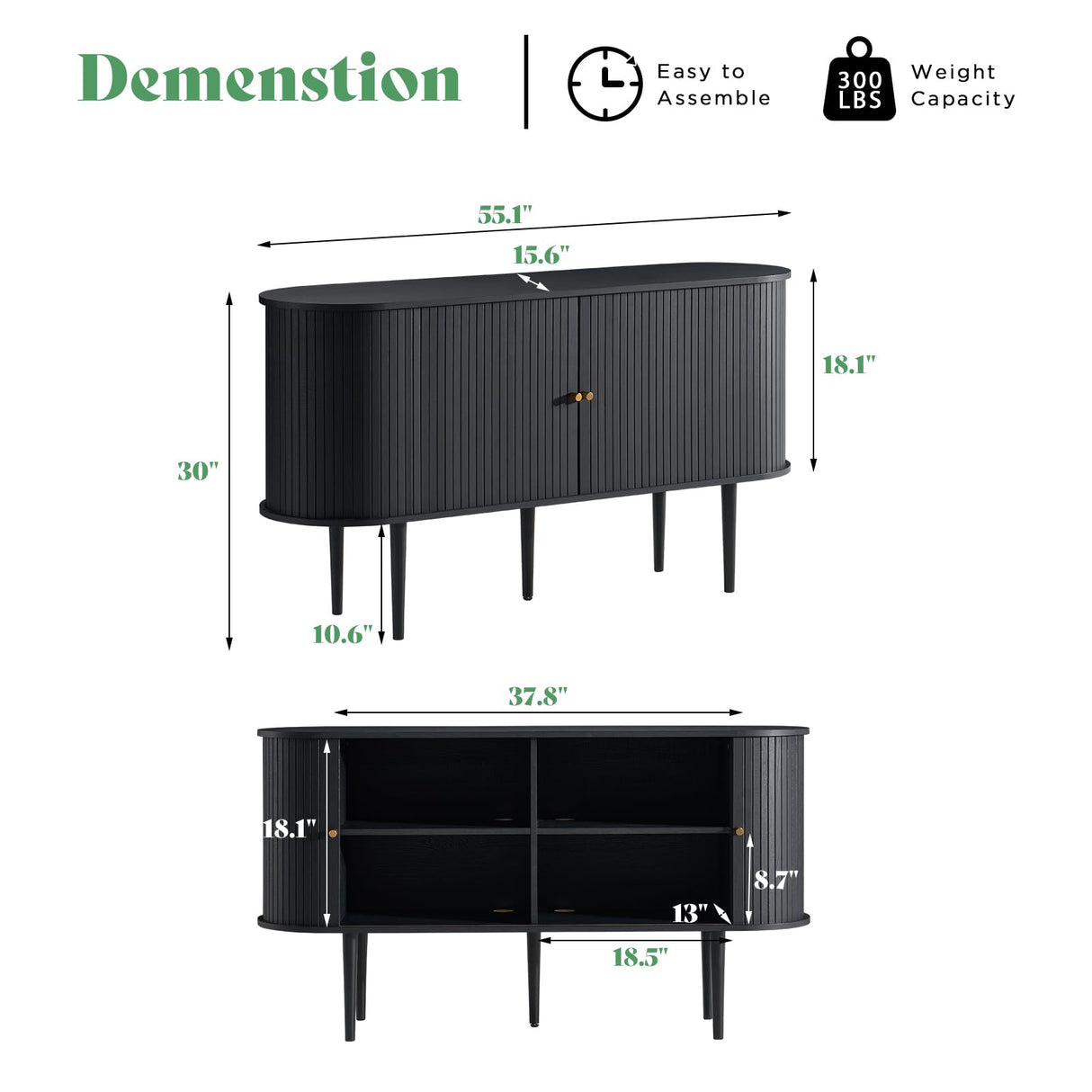 AMERLIFE 55" TV Stand with Solid Wood Legs, Mid Century Modern TV Console with Tambour Door for 80-inch TV, Dust-Proof Storage Cabinet for Living Room, Embossed Black AMERLIFE