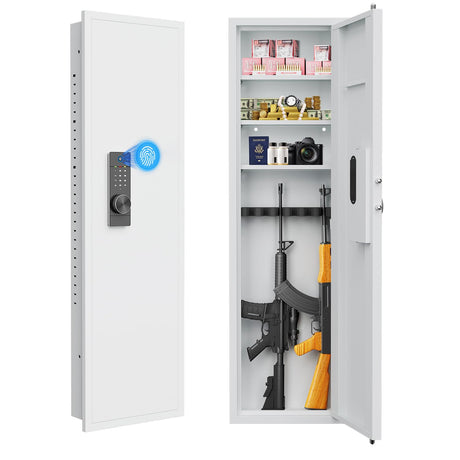 53" Wall Gun Safe with Fingerprint, Wall Safe Between Stud, Hidden Wall Gun Safe for Rifles with Adjustable Shelves,Assembled Rifle Gun Safe for Storage Firearm Money Valuables White CuisinSmart