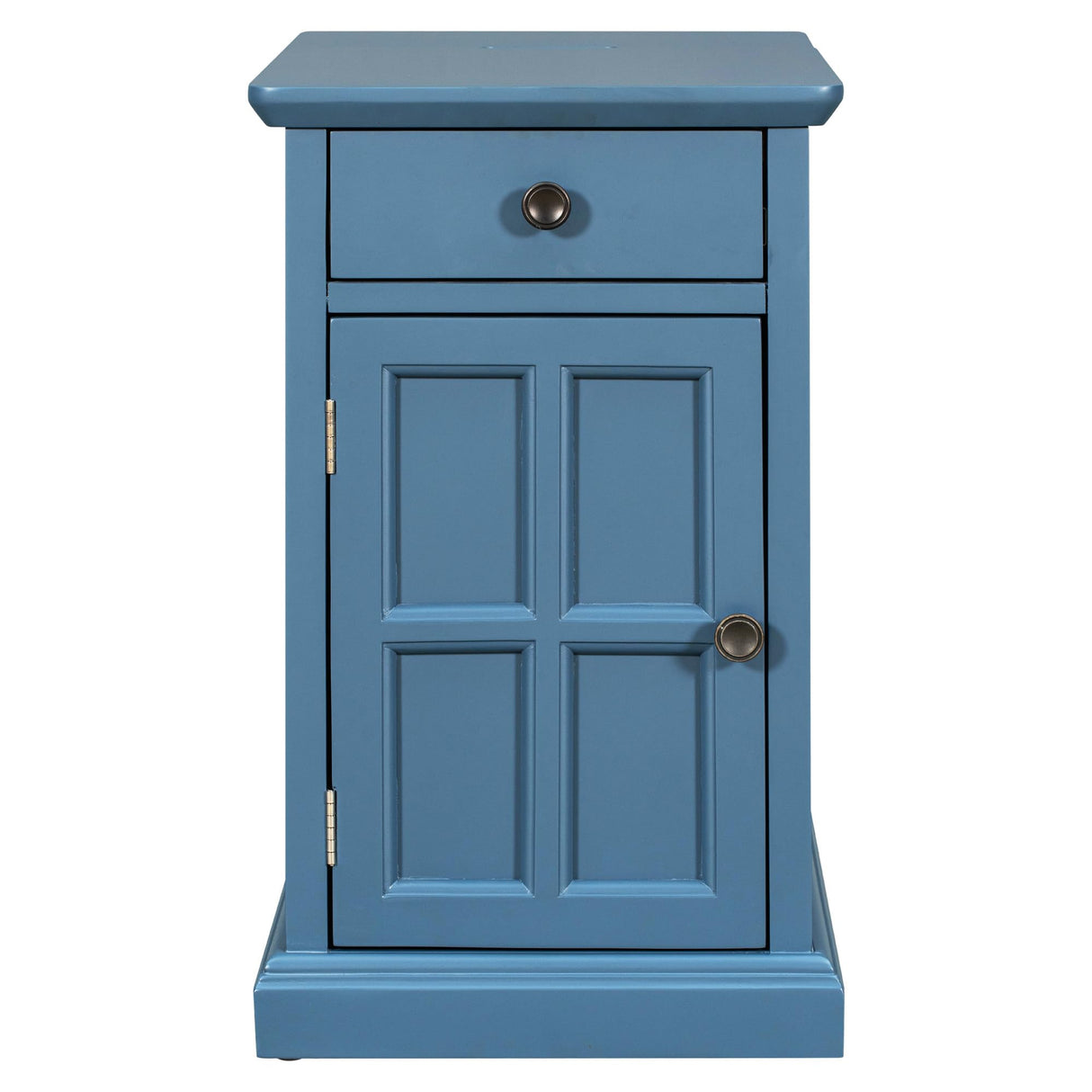 Traditional Wood End Table with Charging Station, Modern Vintage Sofa Chair Side Table Nightstand with Storage & Drawer for Living Room Bedroom, No Assembly, Antique Navy Amposei