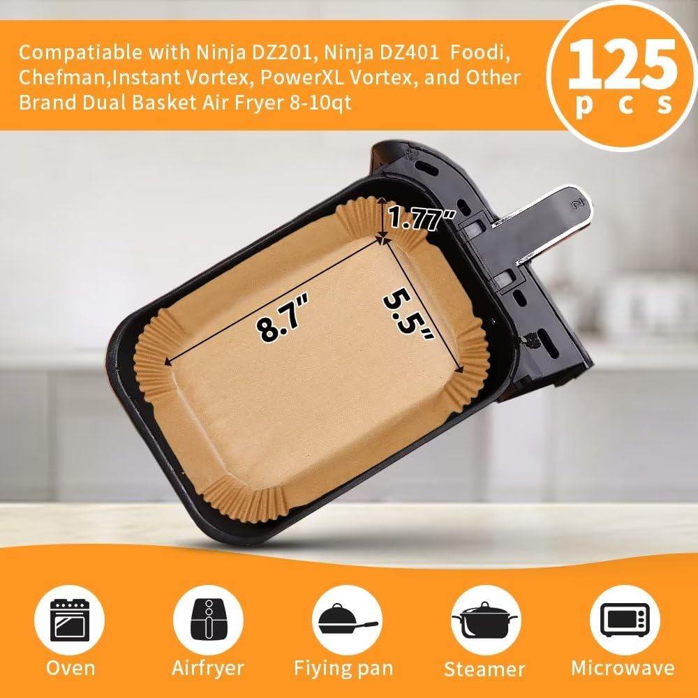 Air Fryer Liners Disposable for Ninja Airfryer: 125pcs 8.7x5.5" Rectangle Parchment Paper for Air Fryer Dual Basket Ninja DZ201 DZ401 Foodi 8Qt and Above Air Fryer liner Accessories DNSSY