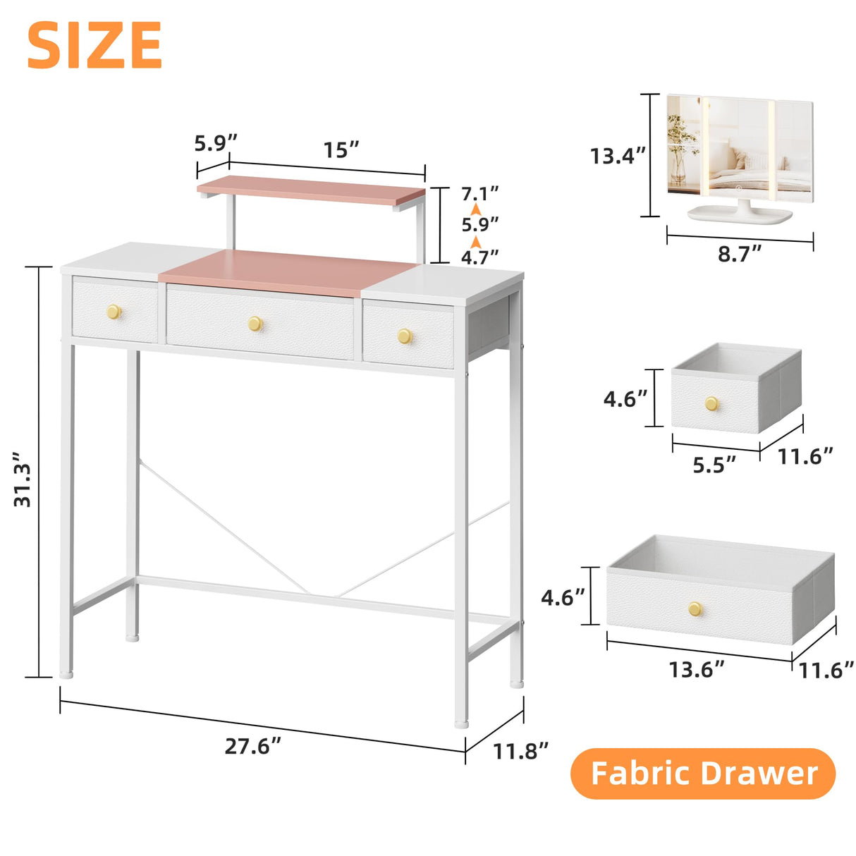 HIGDBFE Makeup Vanity Desk with Mirror and Lights, Small Vanity Table with Height-Adjustable Stand, 3 Fabric Drawers Vanity Desk for Girls Gifts, Bedroom and Small Spaces, 27.5'', White&Pink HIGDBFE