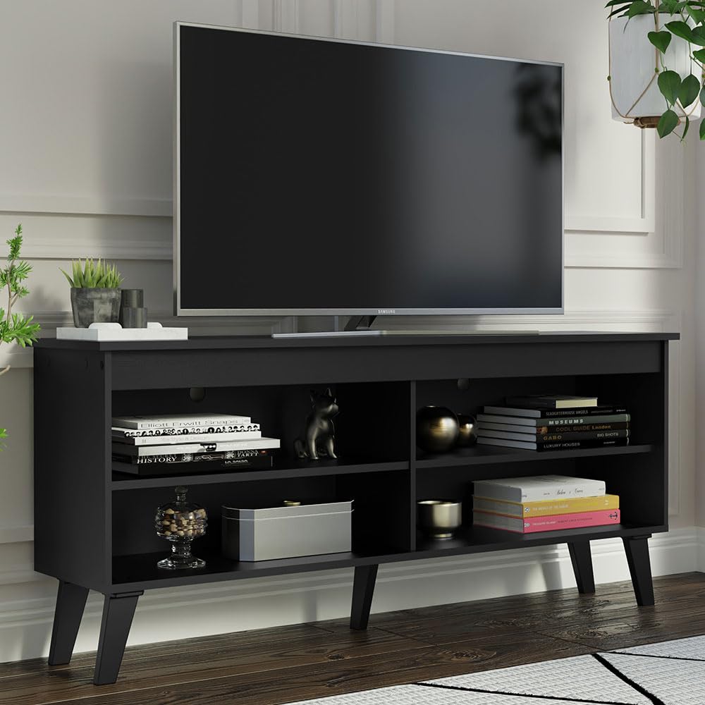 Madesa Compact TV Stand Cabinet with 4 Shelves and Cable Management for 50, 55 Inch TV Media Storage Unit Living Room and Bedroom Modern Wooden Television Media Console - Black Madesa
