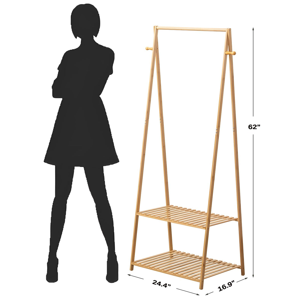 SHUOXIANG Bamboo Clothing Rack with Top Hanging Garment Rod, 2 Side Hooks & Bottom 2-Tier Shelves – Space-Saving Organizer for Clothes, Hats, Bags & Shoes SHUOXIANG