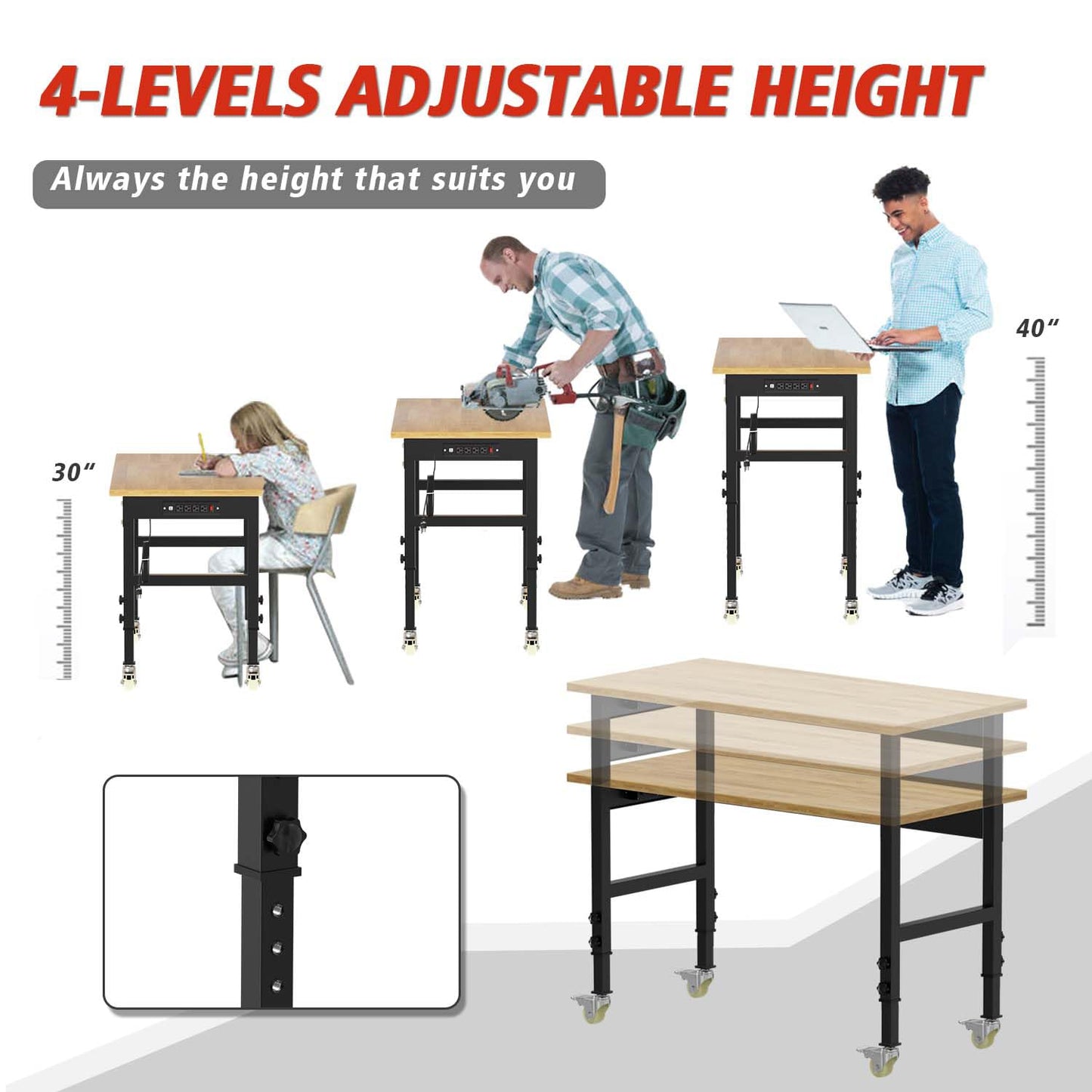 60" Adjustable Workbench with Drawer Storage, Heavy Duty Rubber Wood Work Table with Power Outlet and 4 Lockable Wheels, 2000 LBS Load Capacity Workstation for Garage, Home, Office - WoodArtSupply