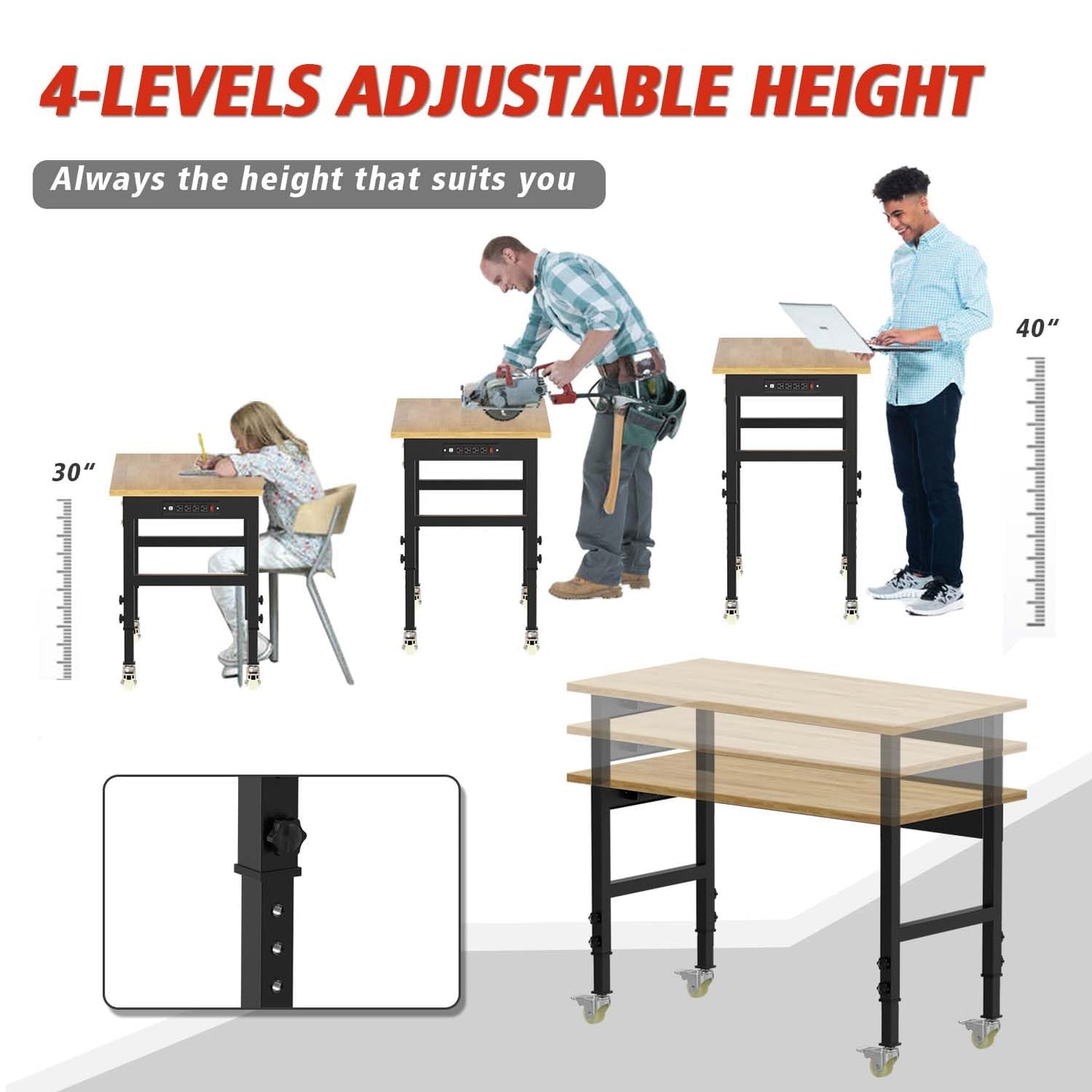 48" Adjustable Workbench, Rubber Wood Top Heavy-Duty Workstation, 2000 LBS Load Capacity Hardwood Worktable with Power Outlets, for Workshop, Garage, Office, Home (48in Workbench with a drawe - WoodArtSupply