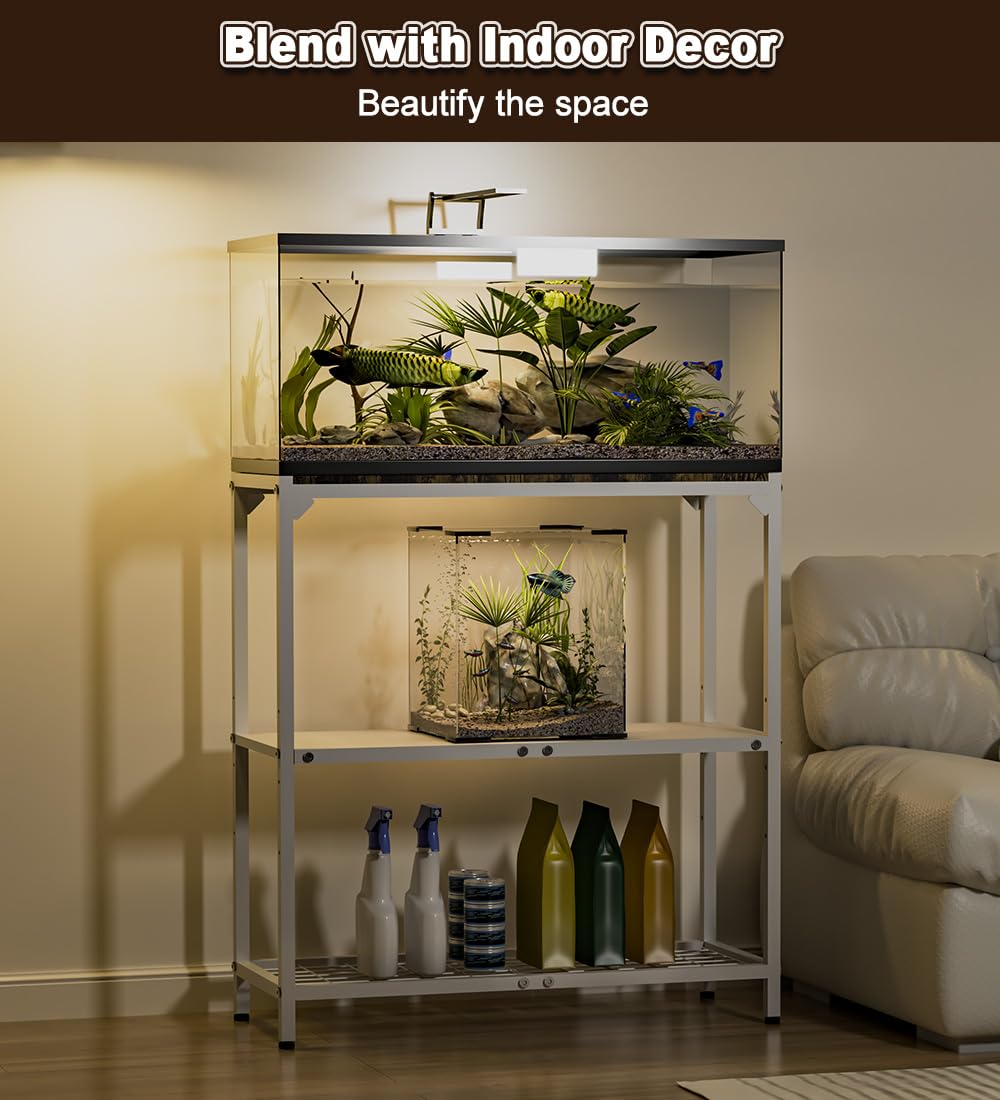 AnBaiMei 20-30 Gallon Aquarium Stand, Fish Tank Stand with Adjustable 3-Tier Storage Shelf, Heavy Duty Reptile Breeder Turtle Tank Terrarium Rack Table for Home Office, 30" L x 12" W x 32.2" H, White AnBaiMei