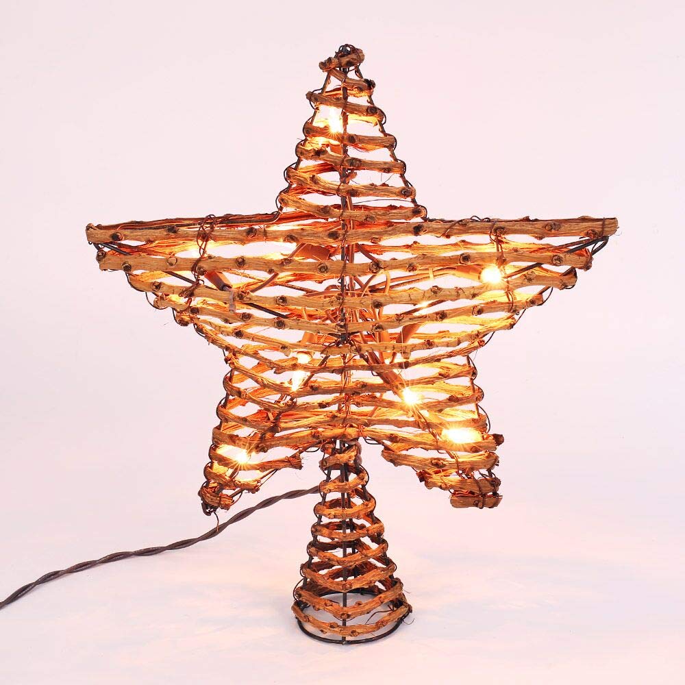 Brizled Christmas Tree Topper, 12-inch Rattan Star Treetop with 10 Warm White Lights, 120V UL Certified Xmas Tree-top Star Lights for Christmas Tree Ornament Indoor Party Home Decoration