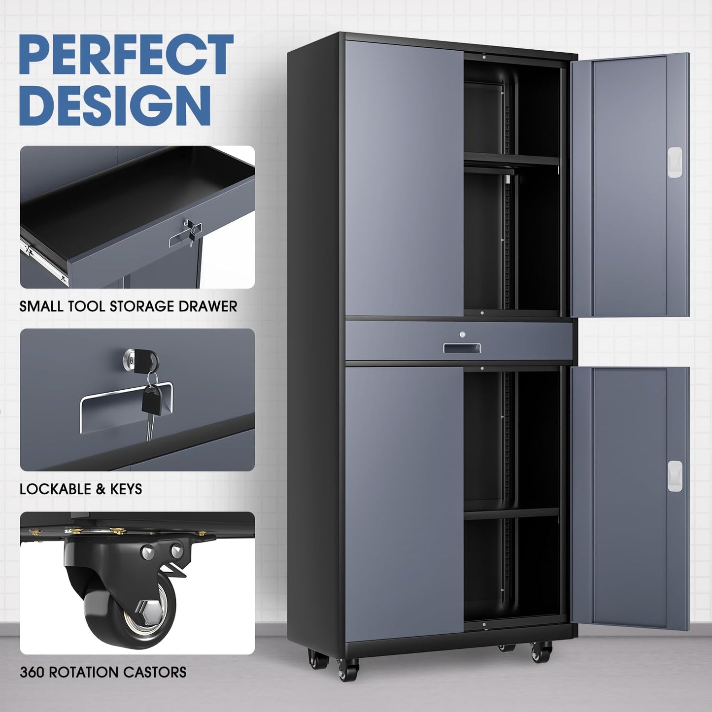 DNA MOTORING Metal Storage Cabinet, 73'' Rolling Garage Cabinet with 1 Drawer and Adjustable Shelves, Lockable Cabinet Heavy Duty Utility Cabinet for Garage,Office,Home,Gray Black, TOOLS-0063 - WoodArtSupply