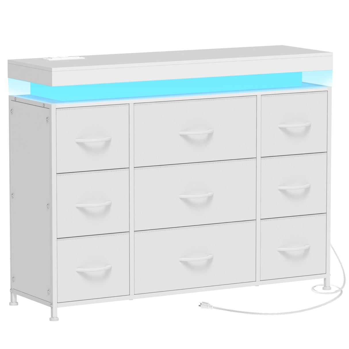 Tohomeor TV Stand 9 Drawer Dresser with Power Outlet LED Lights, Modern Chest of Drawers Fabric Drawers with PU Finish Small TV Console Table Dresser for Living Room (White, 9 Drawers) Tohomeor
